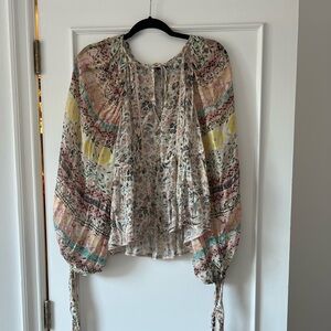 HEMANT & NANDITA Boho Blouse Sz XS metallic gold woven into pastel print